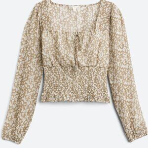 XL Nine Britton Willow Sheer Sleeve Smocked Blouse - Neutral Animal Print